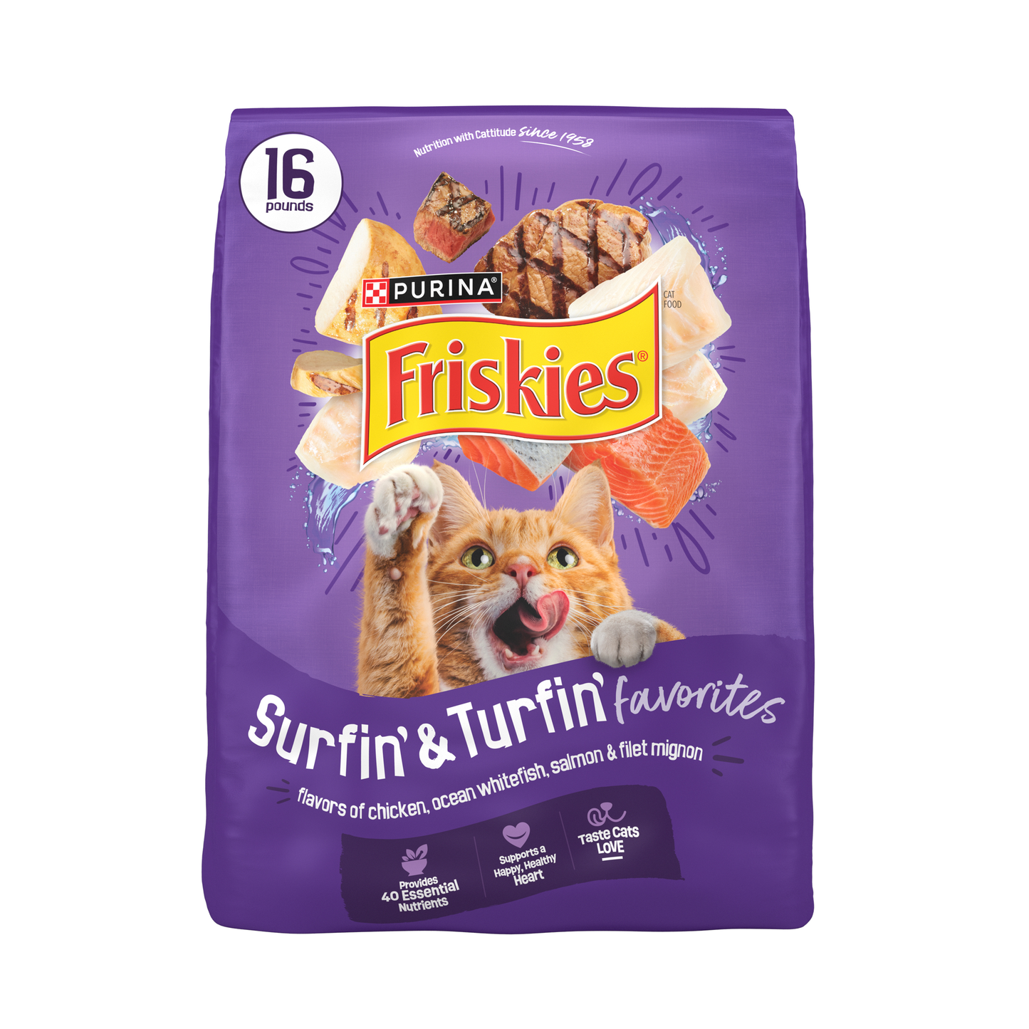 Purina Friskies Cat Food Surfin and Turfin Favorites Flavors of Chicken, Whitefish, Salmon and Filet Mignon - 16 lb. Bag