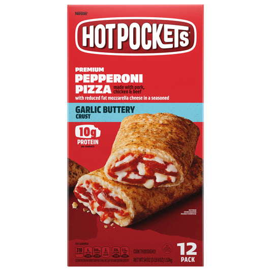 Hot Pockets Pepperoni Pizza Garlic Buttery Crust Frozen Snacks, Pizza Snacks Made with Reduced Fat Mozzarella Cheese, 12 Count Frozen Sandwiches 54 oz.