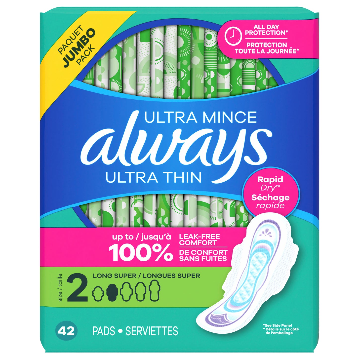 Always Ultra Thin Feminine Pads with Wings for Women, Size 2, Long Super Absorbency, Unscented, 42 Count