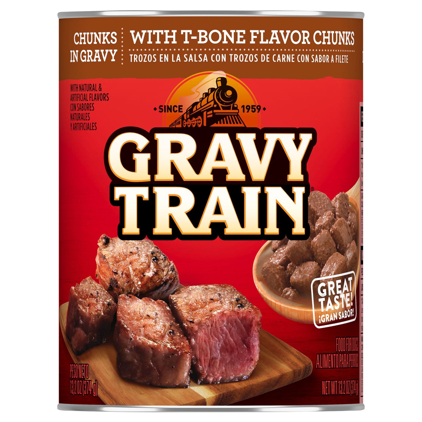 Gravy Train Chunks in Gravy With T-Bone Flavor Chunks, Wet Dog Food, 13.2 Oz Can