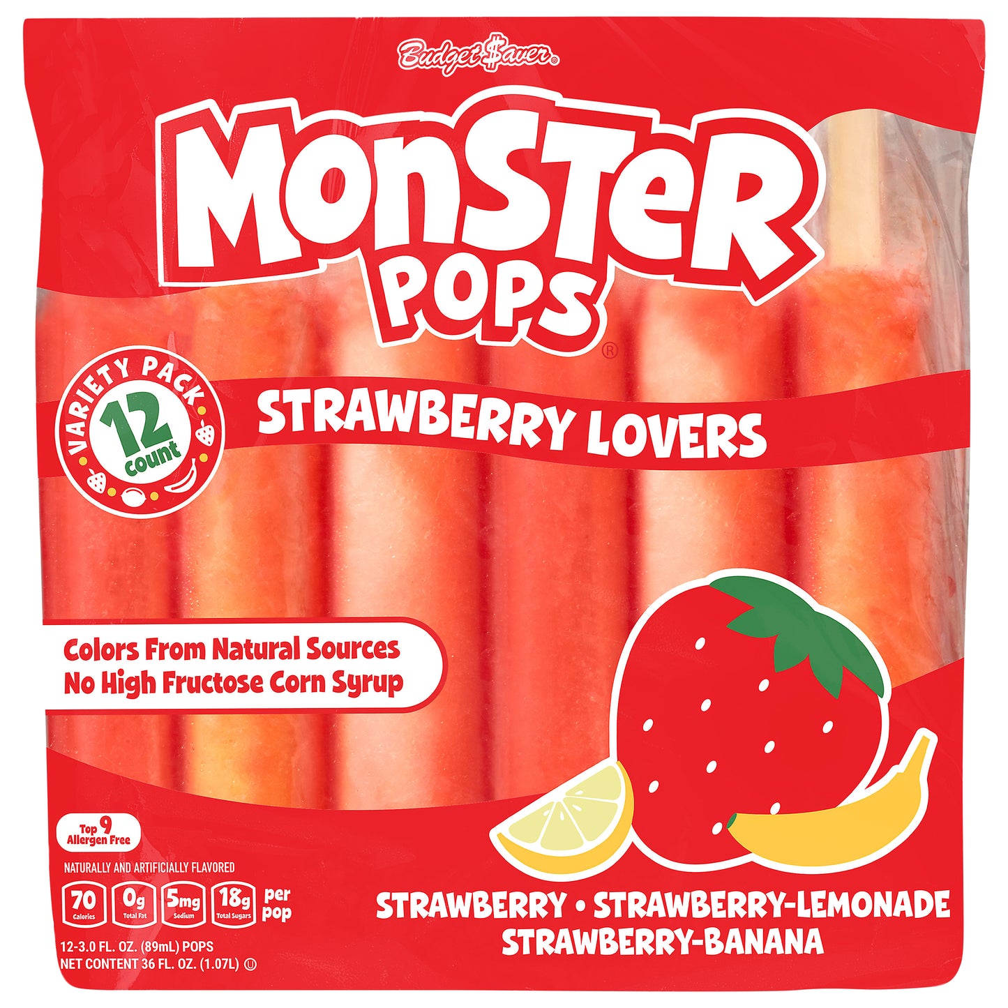 Budget Saver Strawberry Lovers Monster Pops 12 - 3 Fl Oz Pops