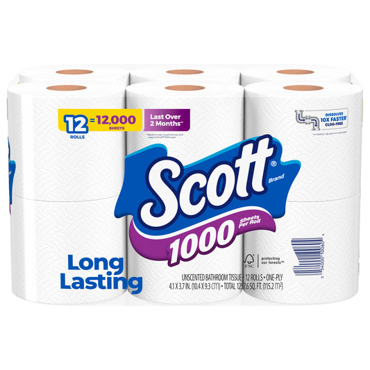 Scott 1000 Toilet Paper, 12 Rolls, Septic-Safe, 1-Ply Toilet Tissue
