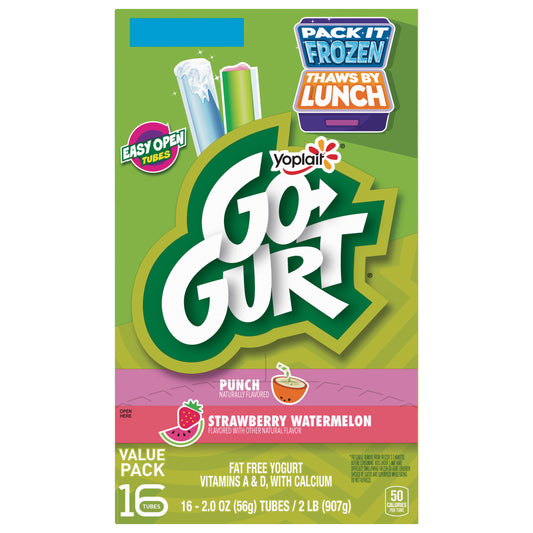 Go-GURT Punch and Strawberry Watermelon Kids Fat Free Yogurt Variety Pack, Gluten Free, 2 oz. Yogurt Tubes (16 Count)