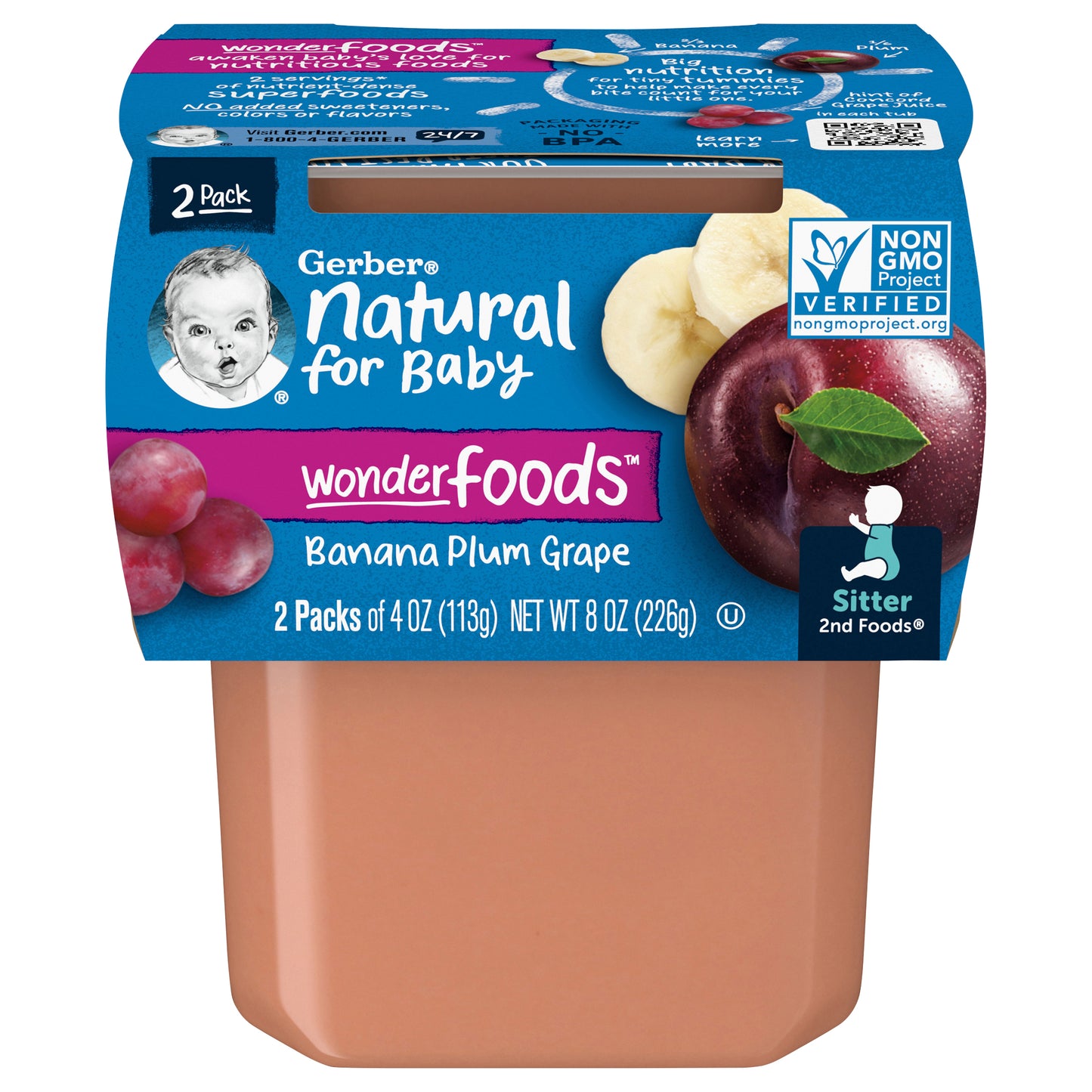 Gerber Natural for Baby Sitter 2nd Foods Banana Plum Grape Baby Food 2 - 4 oz Tub