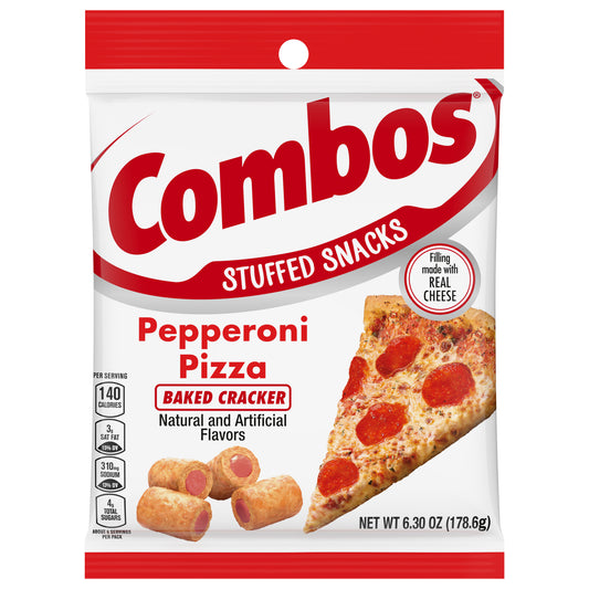 COMBOS Stuffed Snacks Pepperoni Pizza Baked Cracker Snacks, 6.3 oz Bag
