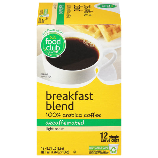 Food Club Breakfast Blend Decaffeinated Light Roast 100% Arabica Coffee 12 ea