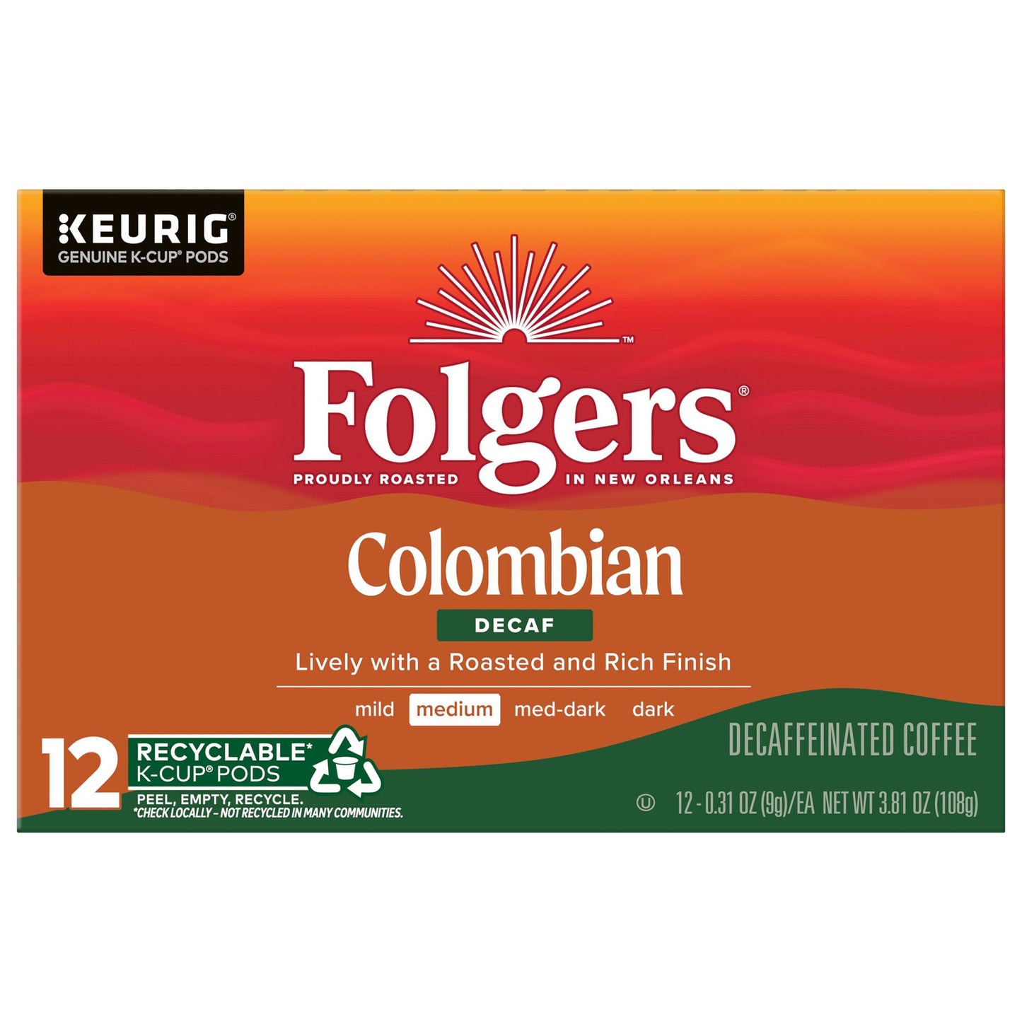 Folgers Colombian Decaffeinated Coffee, Medium Roast, Keurig K-Cup Pods, 12 Count Box