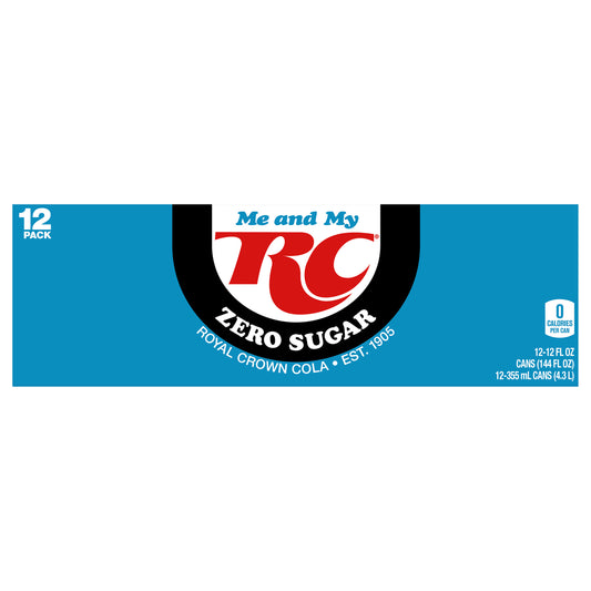 RC Cola Zero Sugar Soda, 12 fl oz cans, 12 pack