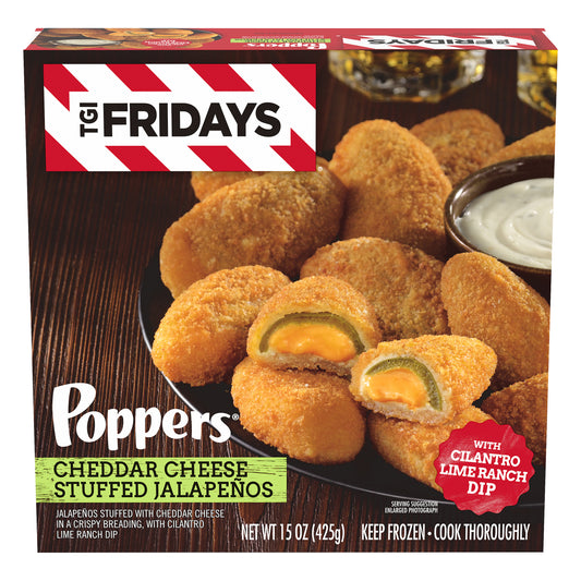 TGI Fridays Frozen Appetizers Cheddar Cheese Stuffed Jalapeno Poppers with Cilantro Lime Ranch Dip, 15 oz. Box