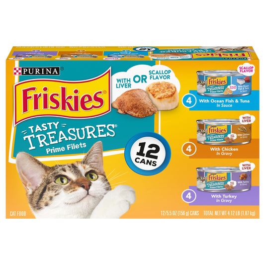 Purina Friskies Gravy Wet Cat Food Variety Pack, Tasty Treasures Prime Filets - (12) 5.5 oz. Cans