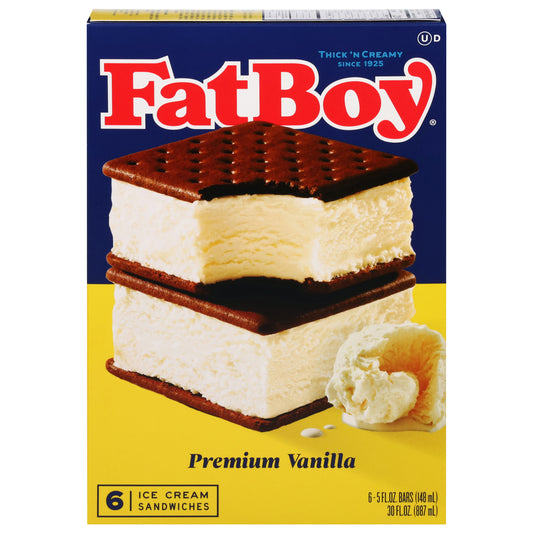 FatBoy Premium Vanilla Ice Cream Sandwiches 6 - 5 fl oz Bars