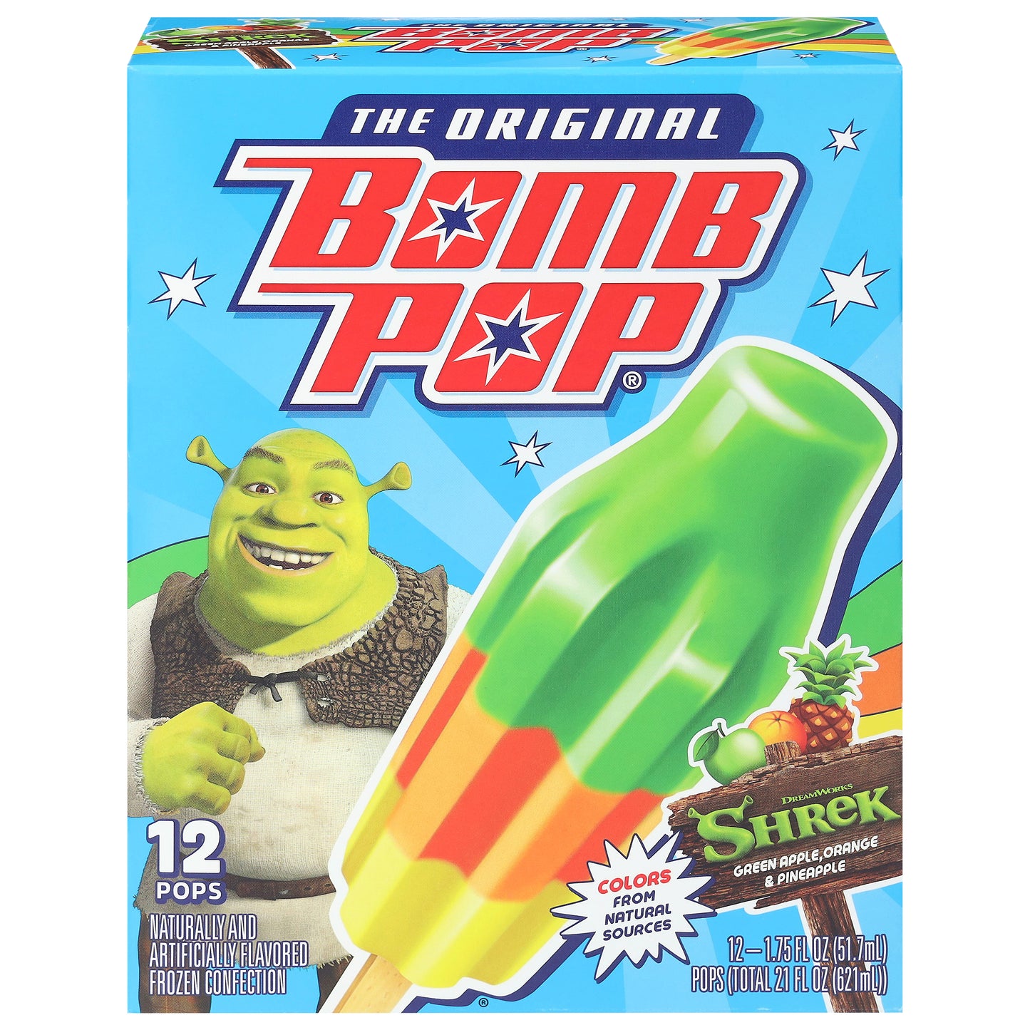 Bomb Pop The Original Shrek Green Apple, Orange & Pineapple Pops 12 - 1.75 fl oz Each